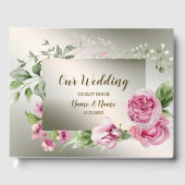 水彩ピンクフローラフレーム光沢のあるブロンズパーティー ゲストブック (正面)