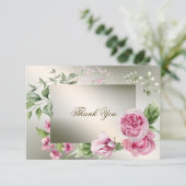 水彩ピンクフローラフレーム光沢のあるブロンズパーティー サンキューカード (スタンド正面)