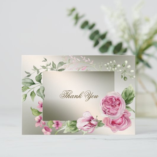 水彩ピンクフローラフレーム光沢のあるブロンズパーティー サンキューカード (スタンド正面)
