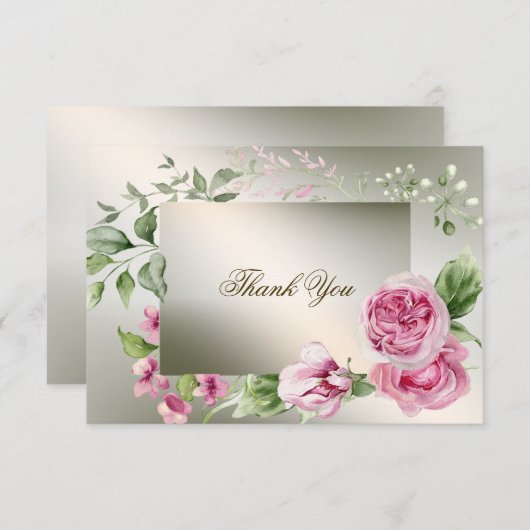 水彩ピンクフローラフレーム光沢のあるブロンズパーティー サンキューカード (正面/裏面)