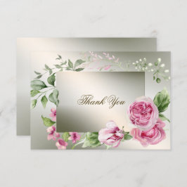 水彩ピンクフローラフレーム光沢のあるブロンズパーティー サンキューカード