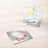 水彩ピンクフローラフレーム光沢のあるブロンズパーティー スクエアペーパーコースター (インサイチュ)