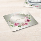 水彩ピンクフローラフレーム光沢のあるブロンズパーティー スクエアペーパーコースター (アングル)
