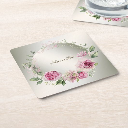 水彩ピンクフローラフレーム光沢のあるブロンズパーティー スクエアペーパーコースター (アングル)
