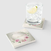 水彩ピンクフローラフレーム光沢のあるブロンズパーティー ストーンコースター (横)