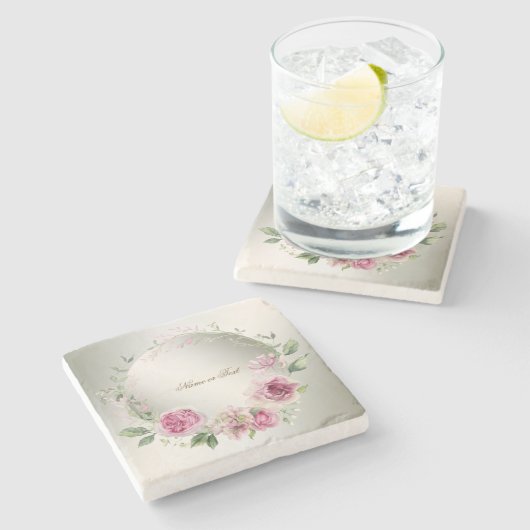 水彩ピンクフローラフレーム光沢のあるブロンズパーティー ストーンコースター (横)