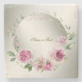 水彩ピンクフローラフレーム光沢のあるブロンズパーティー ストーンコースター (正面)