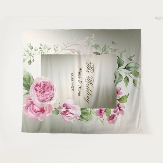 水彩ピンクフローラフレーム光沢のあるブロンズパーティー タペストリー (正面(横))