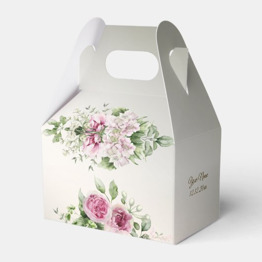 水彩ピンクフローラフレーム光沢のあるブロンズパーティー フェイバーボックス (正面サイド)