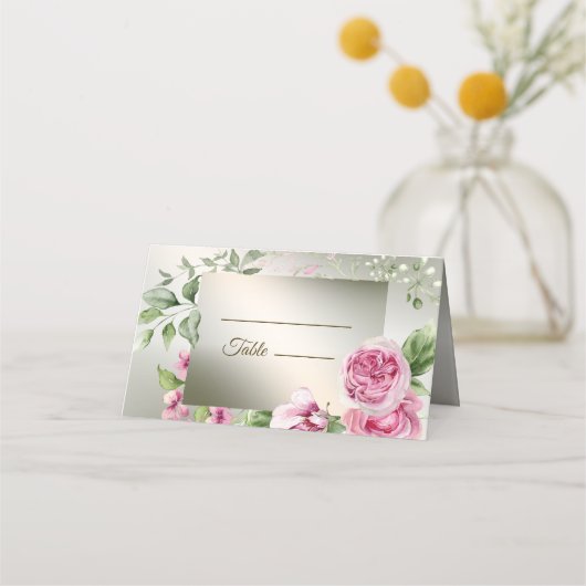 水彩ピンクフローラフレーム光沢のあるブロンズパーティー プレイスカード (正面)