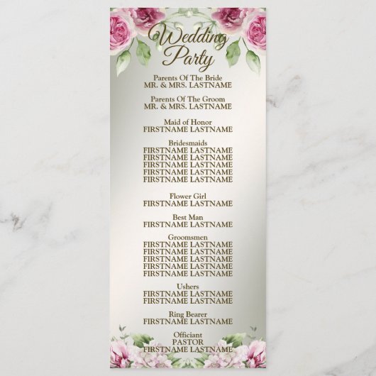 水彩ピンクフローラフレーム光沢のあるブロンズパーティー プログラム (裏面)