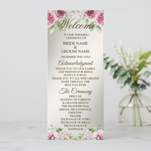 水彩ピンクフローラフレーム光沢のあるブロンズパーティー プログラム (スタンド正面)
