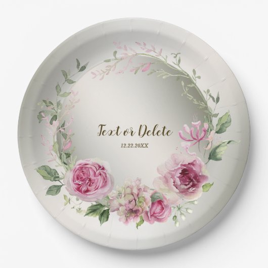 水彩ピンクフローラフレーム光沢のあるブロンズパーティー ペーパープレート (正面)
