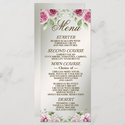 水彩ピンクフローラフレーム光沢のあるブロンズパーティー メニュー (正面/裏面)