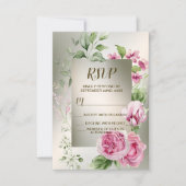 水彩ピンクフローラフレーム光沢のあるブロンズパーティー 出欠カード (正面)