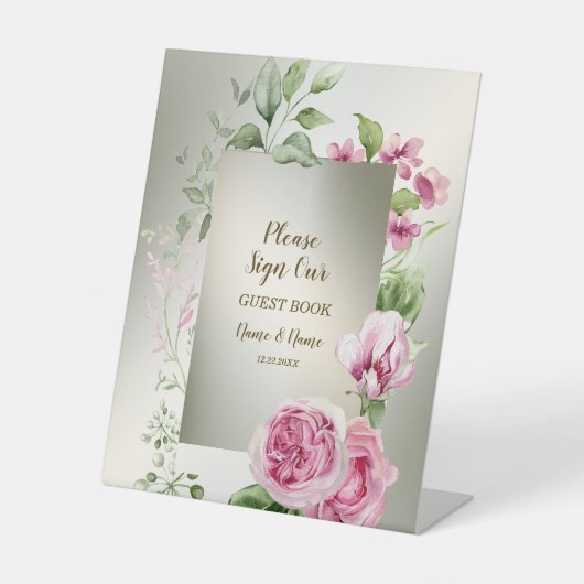 水彩ピンクフローラフレーム光沢のあるブロンズパーティー 台座サイン (正面)