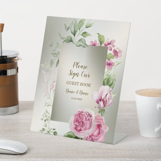 水彩ピンクフローラフレーム光沢のあるブロンズパーティー 台座サイン (インサイチュ)