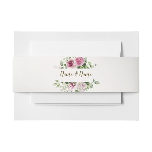 水彩ピンクフローラフレーム光沢のあるブロンズパーティー 招待状ベリーバンド (正面例)