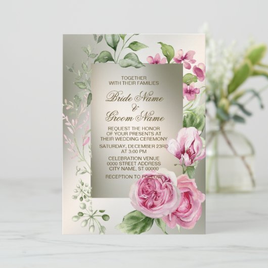 水彩ピンクフローラフレーム光沢のあるブロンズパーティー 招待状 (スタンド正面)
