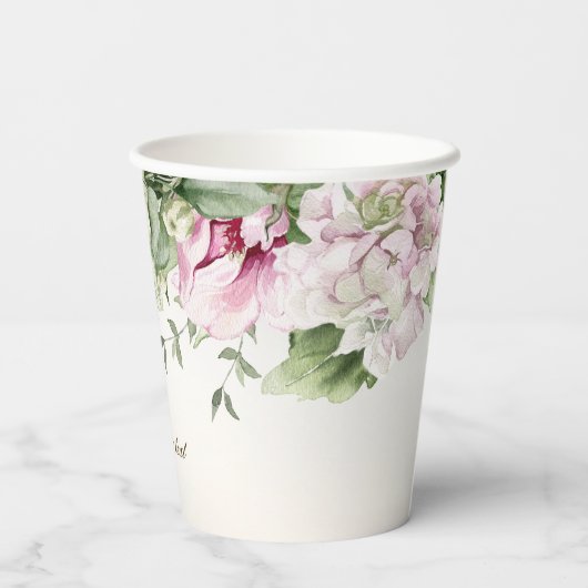 水彩ピンクフローラフレーム光沢のあるブロンズパーティー 紙コップ (裏面)