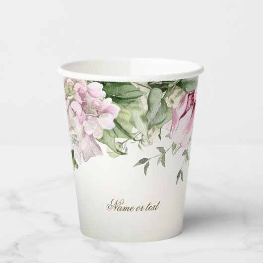 水彩ピンクフローラフレーム光沢のあるブロンズパーティー 紙コップ (左)
