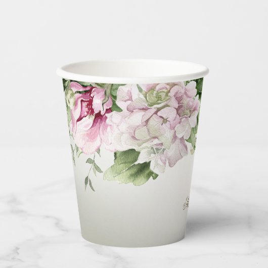 水彩ピンクフローラフレーム光沢のあるブロンズパーティー 紙コップ (正面)