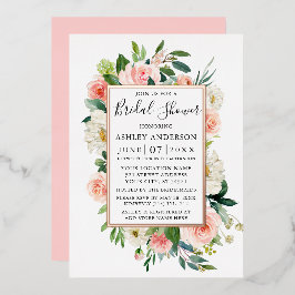 水彩ピンクフローラブライダルシャワーバラ金ゴールド 箔招待状