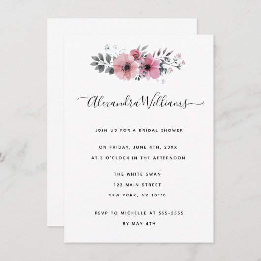 水彩ピンクフローラブライダルシャワー招待状 招待状 (正面/裏面)