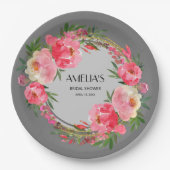水彩ピンクフローラブライダルシャワー紙プレート ペーパープレート (正面)