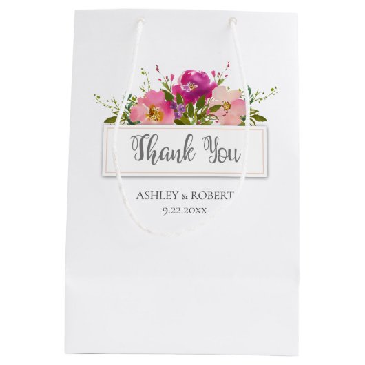 水彩ピンクフローラブライダルシャワー ミディアムペーパーバッグ (裏面)