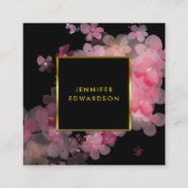 水彩ピンクフローラブラック金ゴールドプロフェッショナル スクエア名刺 (正面)