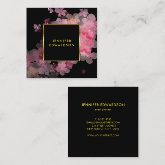 水彩ピンクフローラブラック金ゴールドプロフェッショナル スクエア名刺 (正面/裏面)