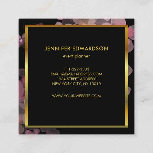水彩ピンクフローラブラック金ゴールドプロフェッショナル スクエア名刺 (裏面)