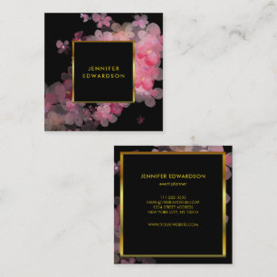 水彩ピンクフローラブラック金ゴールドプロフェッショナル スクエア名刺