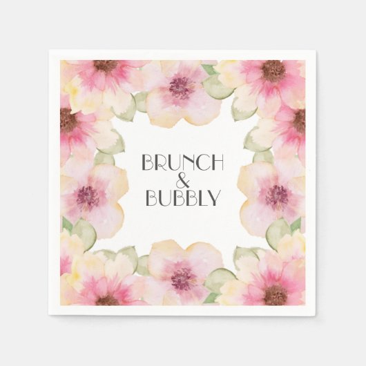 水彩ピンクフローラブランチ&バブリー スタンダードカクテルナプキン (正面)