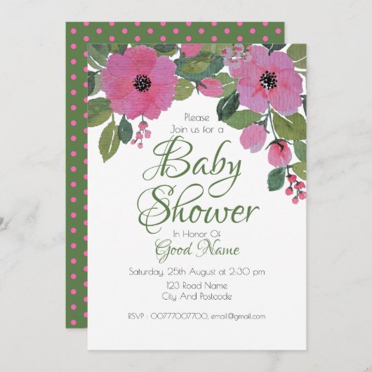 水彩ピンクフローラベビーシャワーカード 招待状 (正面/裏面)