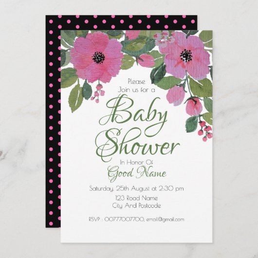 水彩ピンクフローラベビーシャワーカード 招待状 (正面/裏面)