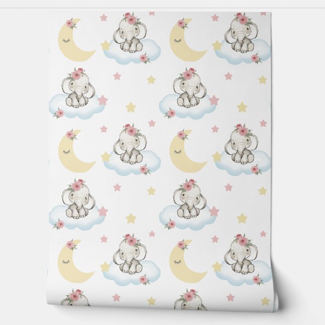 水彩ピンクフローラベビーゾウ雲星 壁紙 (ほどく)