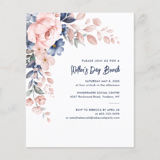 水彩ピンクフローラマザーズデイブランチ招待状 (正面)