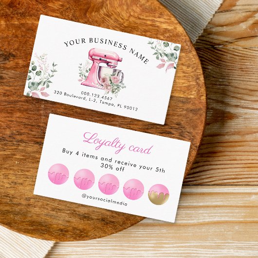 水彩ピンクフローラミキサーベーカリー ロイヤリティカード