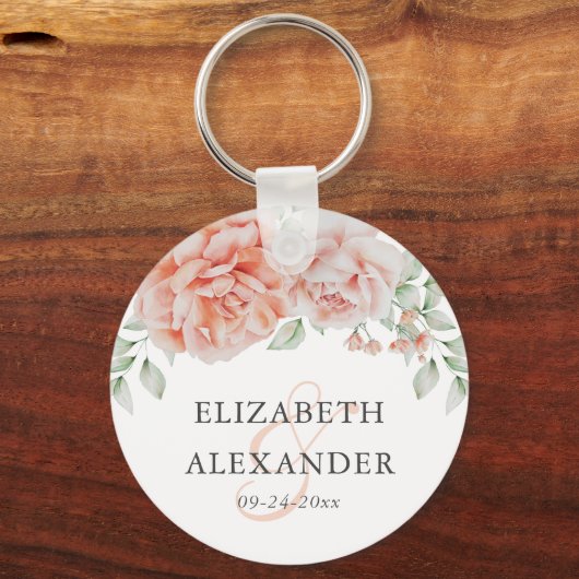 水彩ピンクフローラモノグラム結婚式の引き出物 キーホルダー (正面)