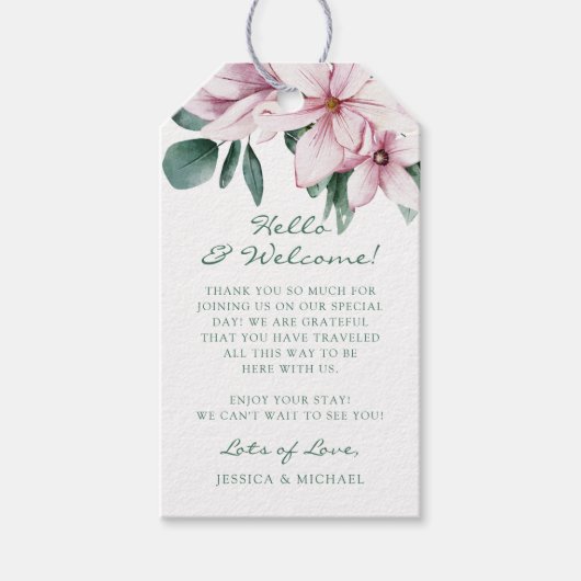 水彩ピンクフローラユーカリ結婚の歓迎 ギフトタグ (正面)