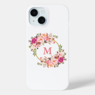 水彩ピンクフローラリースモノグラム iPhone 15ケース