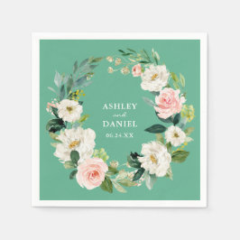 水彩ピンクフローラリース結婚ズネオミント スタンダードカクテルナプキン