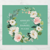 水彩ピンクフローラリース結婚ズネオミント スパークリングワインラベル (シングルラベル)