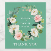 水彩ピンクフローラリース結婚ズネオミント ワインラベル (シングルラベル)