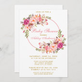 水彩ピンクフローラリース金ゴールドベビーシャワー 招待状 (正面/裏面)