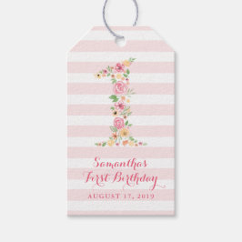 水彩ピンクフローラワン第1誕生日 ギフトタグ
