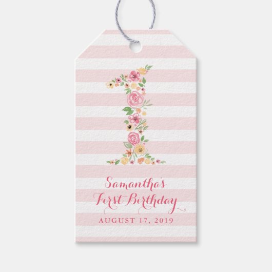 水彩ピンクフローラワン第1誕生日 ギフトタグ (正面)