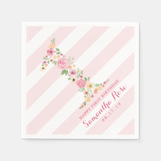 水彩ピンクフローラワン第1誕生日 スタンダードカクテルナプキン (正面)